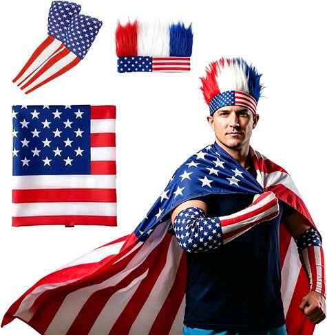 4th of July USA Patriotic Outfit American Flag Cape Costume Set Sleeves Headband Wig Accessories Soccer Fans Celebration 250th Anniversary in Saudi Arabia