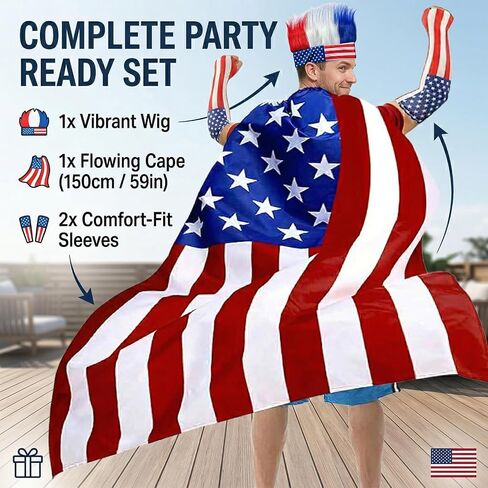 4th of July USA Patriotic Outfit American Flag Cape Costume Set Sleeves Headband Wig Accessories Soccer Fans Celebration 250th Anniversary in Saudi Arabia