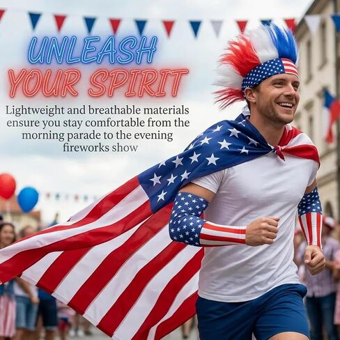 4th of July USA Patriotic Outfit American Flag Cape Costume Set Sleeves Headband Wig Accessories Soccer Fans Celebration 250th Anniversary in Saudi Arabia