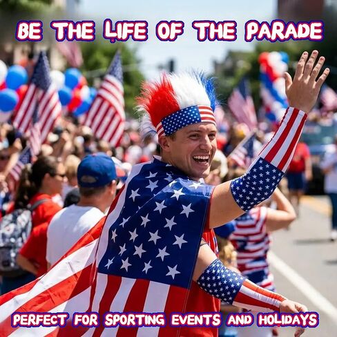 4th of July USA Patriotic Outfit American Flag Cape Costume Set Sleeves Headband Wig Accessories Soccer Fans Celebration 250th Anniversary in Saudi Arabia