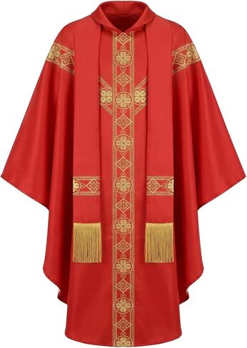 Eorbow Red Catholic Chasuble, Priest Vestment with Stole, Round Collar Clergy Robes for Men, Church Mass Priest Costume for Wedding, Funeral, Church Service in Kuwait
