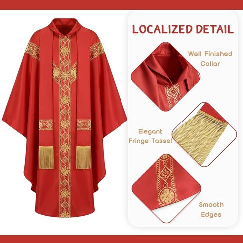 Eorbow Red Catholic Chasuble, Priest Vestment with Stole, Round Collar Clergy Robes for Men, Church Mass Priest Costume for Wedding, Funeral, Church Service in Kuwait