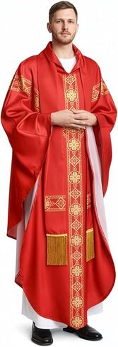 Eorbow Red Catholic Chasuble, Priest Vestment with Stole, Round Collar Clergy Robes for Men, Church Mass Priest Costume for Wedding, Funeral, Church Service in Kuwait