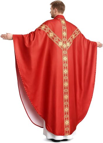 Eorbow Red Catholic Chasuble, Priest Vestment with Stole, Round Collar Clergy Robes for Men, Church Mass Priest Costume for Wedding, Funeral, Church Service in Kuwait