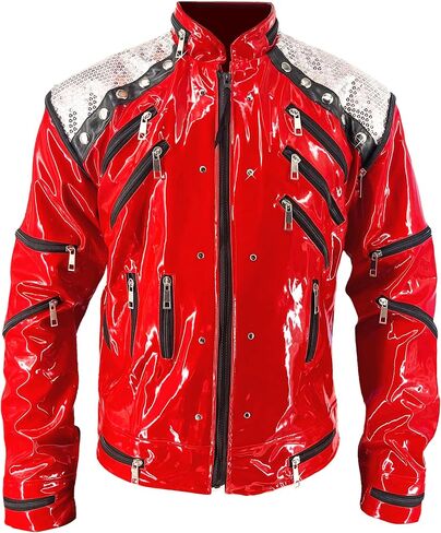 Red Leather Jacket for Men,Adults with Zippers -Beat It Motorcycle Punk Michael Impersonator Style XS-3XL in Saudi Arabia