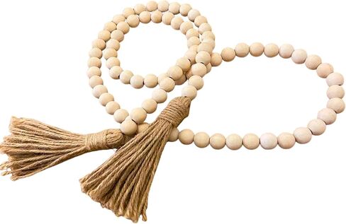 58in Wood Bead Garland with Tassels, Farmhouse Rustic Decor for Coffee Table & Shelf (Natural) in Saudi Arabia