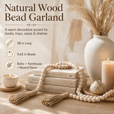 58in Wood Bead Garland with Tassels, Farmhouse Rustic Decor for Coffee Table & Shelf (Natural) in Saudi Arabia
