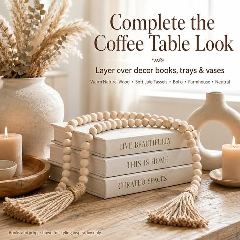 58in Wood Bead Garland with Tassels, Farmhouse Rustic Decor for Coffee Table & Shelf (Natural) in Saudi Arabia