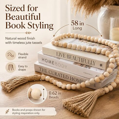 58in Wood Bead Garland with Tassels, Farmhouse Rustic Decor for Coffee Table & Shelf (Natural) in Saudi Arabia