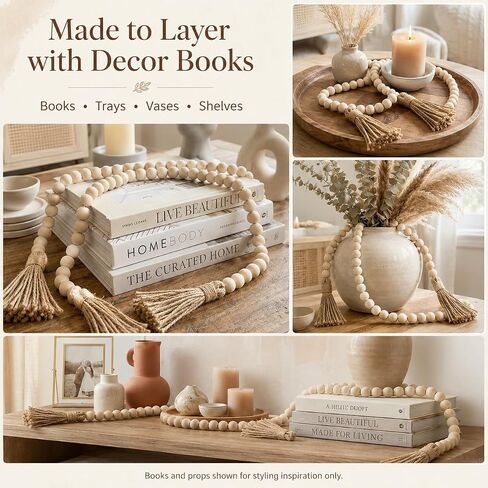 58in Wood Bead Garland with Tassels, Farmhouse Rustic Decor for Coffee Table & Shelf (Natural) in Saudi Arabia