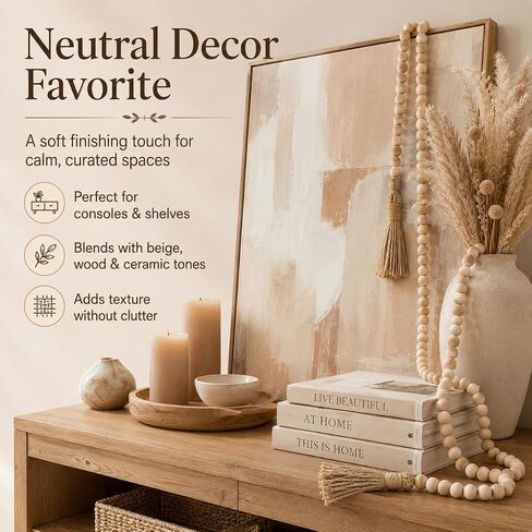 58in Wood Bead Garland with Tassels, Farmhouse Rustic Decor for Coffee Table & Shelf (Natural) in Saudi Arabia