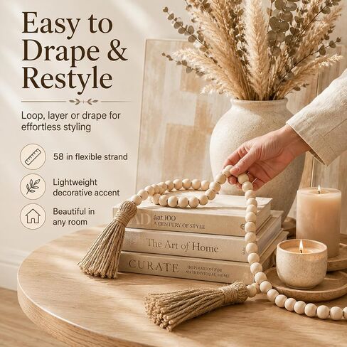 58in Wood Bead Garland with Tassels, Farmhouse Rustic Decor for Coffee Table & Shelf (Natural) in Saudi Arabia