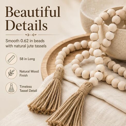 58in Wood Bead Garland with Tassels, Farmhouse Rustic Decor for Coffee Table & Shelf (Natural) in Saudi Arabia