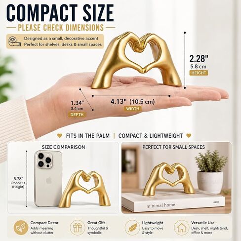 Gold Decor Living Room – Mini Small Heart Hands Sculpture – Shelf Decor Aesthetic – Cute Home Accent Table & Shelves – Love Statue - Gifts Girlfriend, Wife, Women, Teen Girls, Valentine (Gold, Mini) in Kuwait