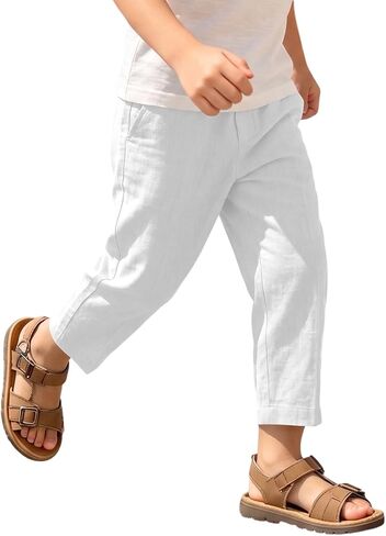 hlysgo Boys Linen Pants Elastic Waist Straight Leg Casual Pants 2026 Summer Loose Fit Cotton Gauze Trouser with Pockets in Saudi Arabia