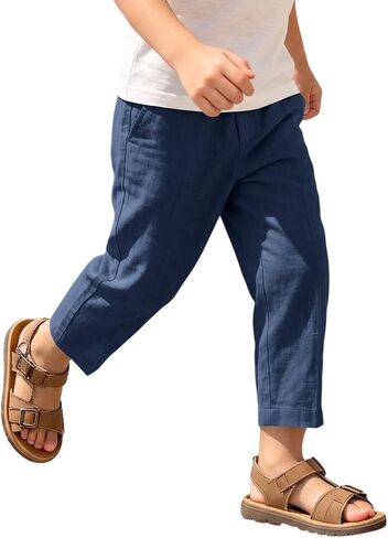 hlysgo Boys Linen Pants Elastic Waist Straight Leg Casual Pants 2026 Summer Loose Fit Cotton Gauze Trouser with Pockets in Kuwait