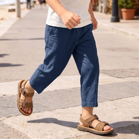 hlysgo Boys Linen Pants Elastic Waist Straight Leg Casual Pants 2026 Summer Loose Fit Cotton Gauze Trouser with Pockets in Kuwait