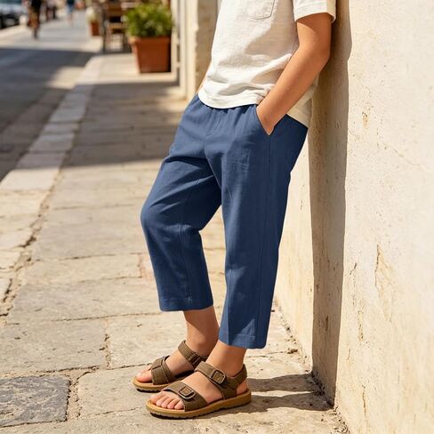 hlysgo Boys Linen Pants Elastic Waist Straight Leg Casual Pants 2026 Summer Loose Fit Cotton Gauze Trouser with Pockets in Kuwait