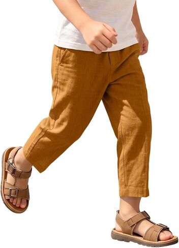hlysgo Boys Linen Pants Elastic Waist Straight Leg Casual Pants 2026 Summer Loose Fit Cotton Gauze Trouser with Pockets in Kuwait