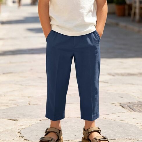 hlysgo Boys Linen Pants Elastic Waist Straight Leg Casual Pants 2026 Summer Loose Fit Cotton Gauze Trouser with Pockets in Kuwait