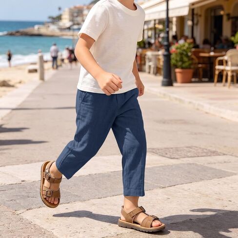 hlysgo Boys Linen Pants Elastic Waist Straight Leg Casual Pants 2026 Summer Loose Fit Cotton Gauze Trouser with Pockets in Kuwait