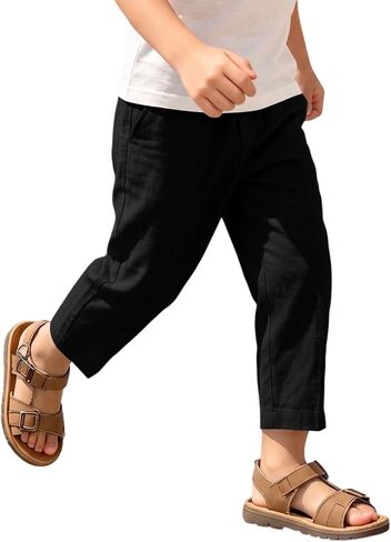 hlysgo Boys Linen Pants Elastic Waist Straight Leg Casual Pants 2026 Summer Loose Fit Cotton Gauze Trouser with Pockets in Kuwait
