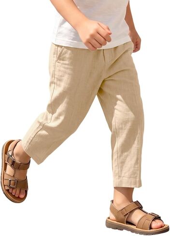hlysgo Boys Linen Pants Elastic Waist Straight Leg Casual Pants 2026 Summer Loose Fit Cotton Gauze Trouser with Pockets in Kuwait