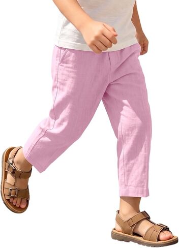 hlysgo Boys Linen Pants Elastic Waist Straight Leg Casual Pants 2026 Summer Loose Fit Cotton Gauze Trouser with Pockets in Kuwait