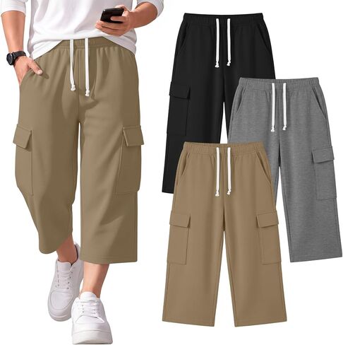 3 Pack Boys Cargo Capri Pants 6-16 Years with 4 Pockets Wide Leg Loose Elastic Waist Drawstring Shorts Sweatpants in Saudi Arabia
