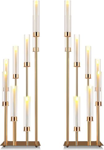Baquler 2 Pcs 8 Arms Wedding Candelabras, 41.5" Tall Cluster Acrylic Candle Holders Floor Standing Candelabra Centerpieces with Clear Acrylic Shades for Flameless Candle (Gold) in Kuwait
