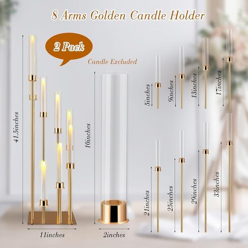 Baquler 2 Pcs 8 Arms Wedding Candelabras, 41.5" Tall Cluster Acrylic Candle Holders Floor Standing Candelabra Centerpieces with Clear Acrylic Shades for Flameless Candle (Gold) in Kuwait