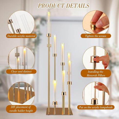 Baquler 2 Pcs 8 Arms Wedding Candelabras, 41.5" Tall Cluster Acrylic Candle Holders Floor Standing Candelabra Centerpieces with Clear Acrylic Shades for Flameless Candle (Gold) in Kuwait
