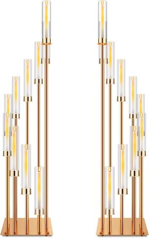 Baquler 2 Pcs 8 Arms Wedding Candelabras, 41.5" Tall Cluster Acrylic Candle Holders Floor Standing Candelabra Centerpieces with Clear Acrylic Shades for Flameless Candle (Gold) in Kuwait