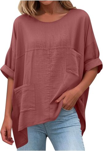 Cotton Linen Tops for Women Dressy Casual Loose Shirts Oversized Business Casual T Shirts Blouses with Pockets in Kuwait