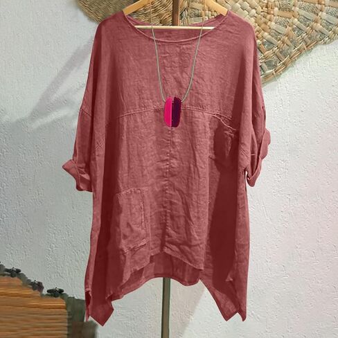 Cotton Linen Tops for Women Dressy Casual Loose Shirts Oversized Business Casual T Shirts Blouses with Pockets in Kuwait