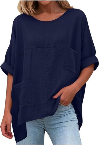 Cotton Linen Tops for Women Dressy Casual Loose Shirts Oversized Business Casual T Shirts Blouses with Pockets in Kuwait