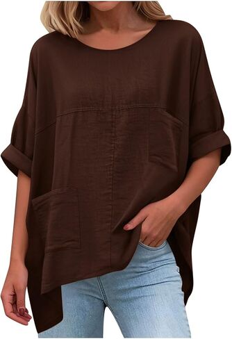 Cotton Linen Tops for Women Dressy Casual Loose Shirts Oversized Business Casual T Shirts Blouses with Pockets in Kuwait