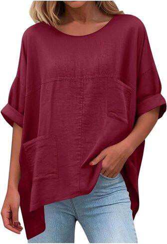 Cotton Linen Tops for Women Dressy Casual Loose Shirts Oversized Business Casual T Shirts Blouses with Pockets in Kuwait
