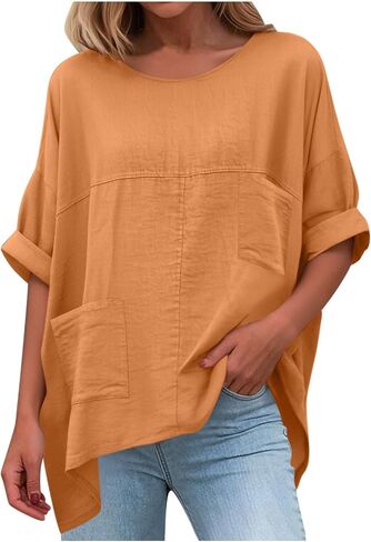 Cotton Linen Tops for Women Dressy Casual Loose Shirts Oversized Business Casual T Shirts Blouses with Pockets in Kuwait