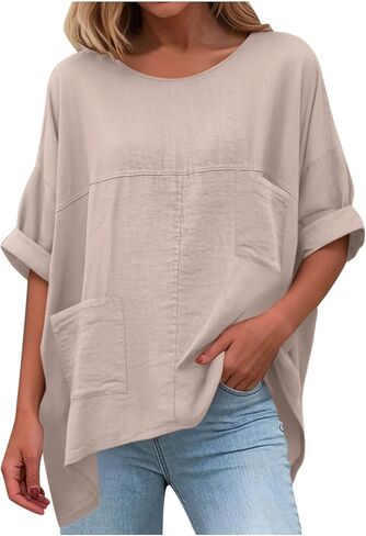 Cotton Linen Tops for Women Dressy Casual Loose Shirts Oversized Business Casual T Shirts Blouses with Pockets in Kuwait