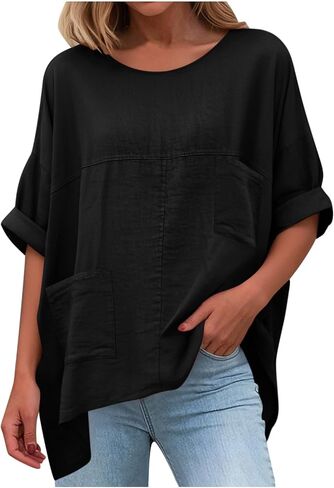 Cotton Linen Tops for Women Dressy Casual Loose Shirts Oversized Business Casual T Shirts Blouses with Pockets in Kuwait
