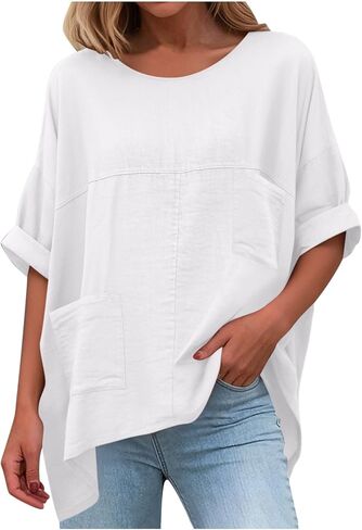 Cotton Linen Tops for Women Dressy Casual Loose Shirts Oversized Business Casual T Shirts Blouses with Pockets in Kuwait
