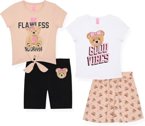 Dreamstar Girls 4 Piece Outfit Set – Short Sleeve Blouse Tops, Scooter Skirt Shorts Mix and Match Summer Clothing Set in Saudi Arabia