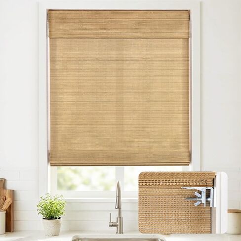 UNISHADES No Drill Cordless Bamboo Roman Shades, 46.5×64 in, Carbonized | Natural material, Light Filtering, Easy Install in Kuwait