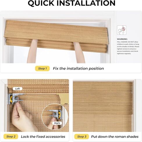 UNISHADES No Drill Cordless Bamboo Roman Shades, 46.5×64 in, Carbonized | Natural material, Light Filtering, Easy Install in Kuwait
