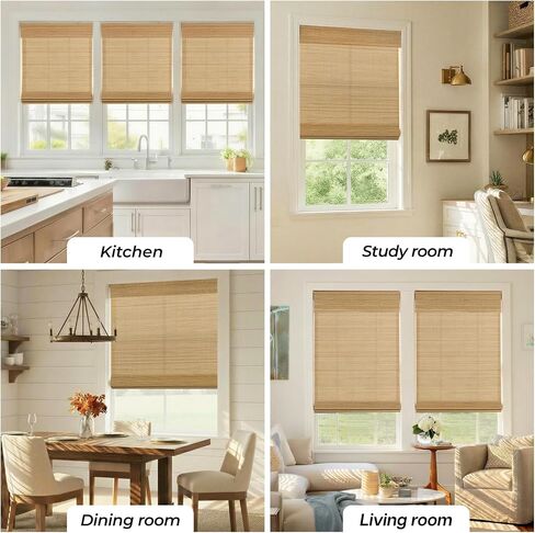 UNISHADES No Drill Cordless Bamboo Roman Shades, 46.5×64 in, Carbonized | Natural material, Light Filtering, Easy Install in Kuwait