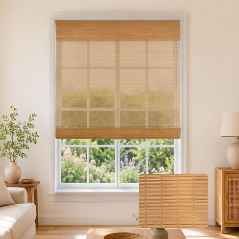 Cordless Bamboo Roman Shades, Light Filtering Woven Wood Window Blinds with Valance for Living Room, Bedroom, Kitchen, Home Office, 34" Wx48 H in Saudi Arabia