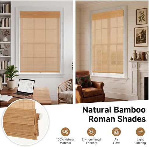 Cordless Bamboo Roman Shades, Light Filtering Woven Wood Window Blinds with Valance for Living Room, Bedroom, Kitchen, Home Office, 34" Wx48 H in Saudi Arabia