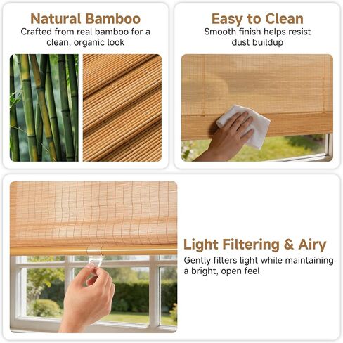 Cordless Bamboo Roman Shades, Light Filtering Woven Wood Window Blinds with Valance for Living Room, Bedroom, Kitchen, Home Office, 34" Wx48 H in Saudi Arabia