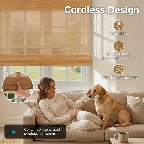 Cordless Bamboo Roman Shades, Light Filtering Woven Wood Window Blinds with Valance for Living Room, Bedroom, Kitchen, Home Office, 34" Wx48 H in Saudi Arabia